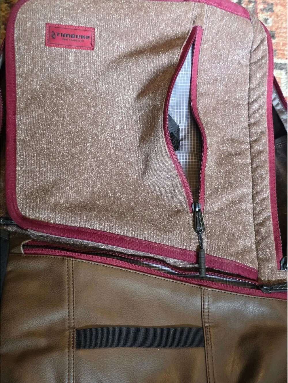 Timbuk2 Q Laptop Backpack Burgundy Twill and Brown TSA Friendly
